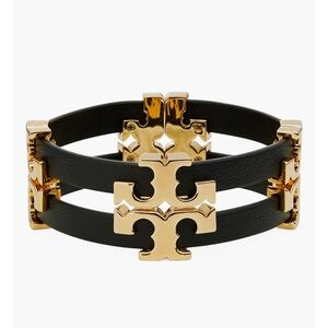 SOLD—- Tory Burch Serif T Stacked Black Leather Double Strap Logo Cuff Bracelet.